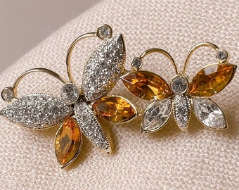 CIRO Gold Clear and Orange Crystal Double Butterfly Brooch