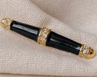 Monet Gold Black Enamel and Crystal Brooch