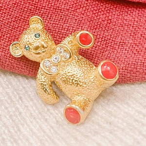 Attwood and Sawyer 22ct Gold Plate and Red Enamel Teddybear Brooch