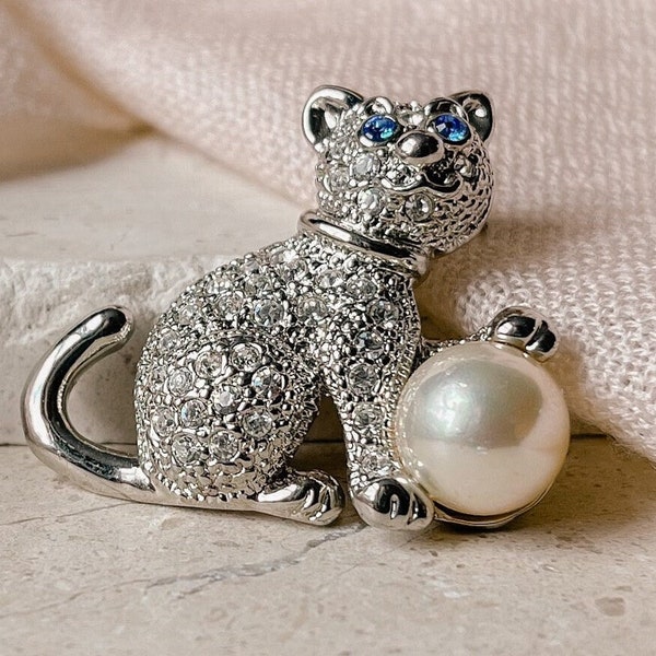 CIRO Silver and Crystal Petite Cat with Pearl Ball Brooch