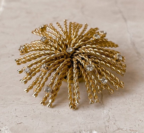 CIRO Gold and Crystal Modernist Flower Brooch - image 1
