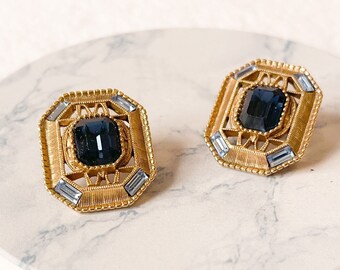 Art Deco Gold Earrings with Blue Crystals