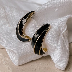 Vintage Gold and Black Enamel Half Hoop Earrings