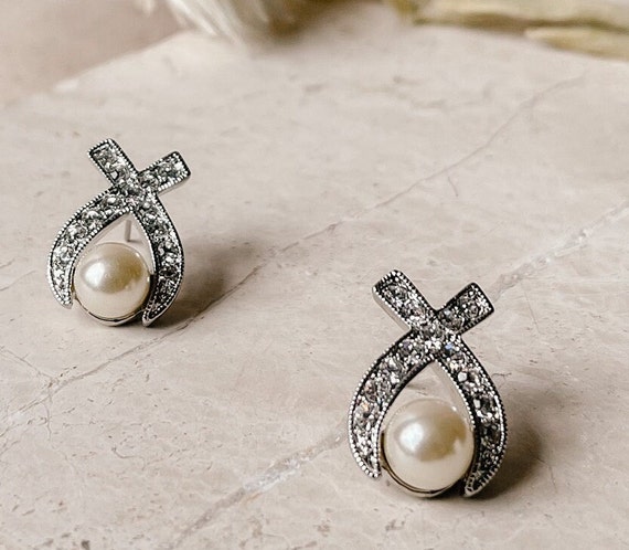CIRO Silver, Crystals and Pearl Earrings - image 2