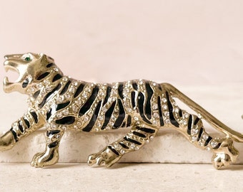 Statement Gold Black Enamel and Clear Crystal Striding Tiger Brooch