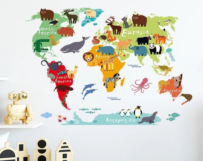 Carte du monde autocollant mural décor de chambre d'enfant éducatif