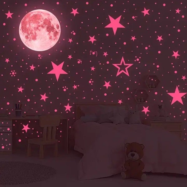 Pink glow in the dark stars and moon wall vinyl stickers children night light