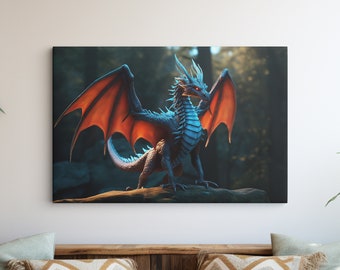 Dragon Canvas Wall Art Decor Fantasy Dragon Art Blue Dragon Decor Mythical Creature Art Dragon Wings Decor Unique Dragon Lover Gift Idea