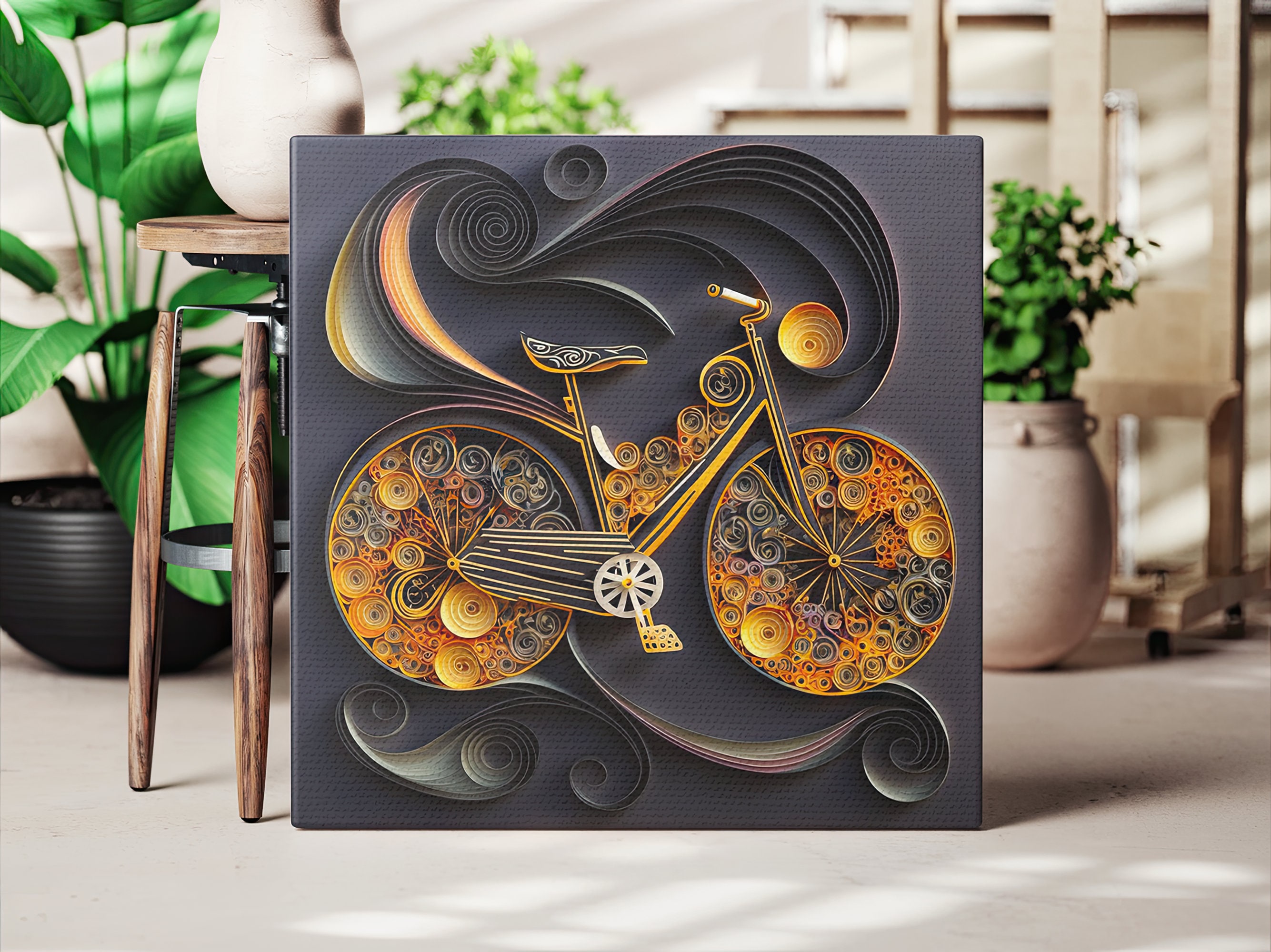 Abstract Bicycle Canvas Wall Art Paper Quilling Art Style Unique