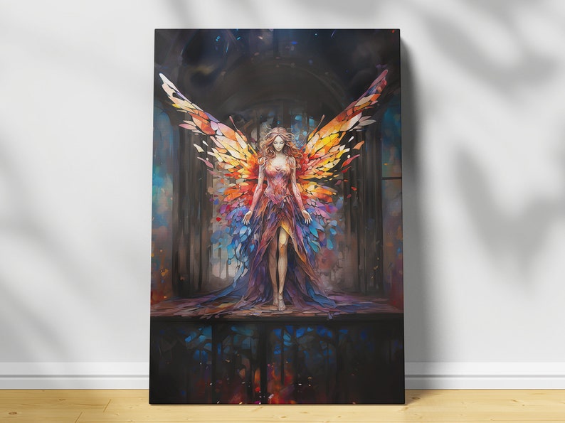 Abstract Fairy Canvas Wall Art Beautiful Fairy Art Stained Glass Wings Art Woodland Sprite Art Fairy Gift Idea Fairy Home Decor Gift for Her image 1