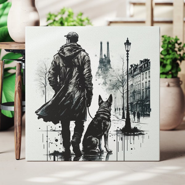 Man & Dog Art German Shepherd Art Stroll with Fido Art Black and White Decor Dog Canvas Art K9 Home Decor Abstract Pet Art Dog Owner Gift