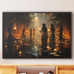 Fantasy Enchanted Forest Canvas Artwork Wall Decor Candlelit Procession Scene Forest Memorial Wall Art Decor Tranquil River Living Room Art