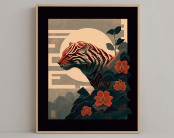 Japanese Tiger Graphic Design Wall Art #04, Modern Ukiyo-e, Beautiful Japandi Poster, Elegant Digital Print, Gift for her, Gift for him