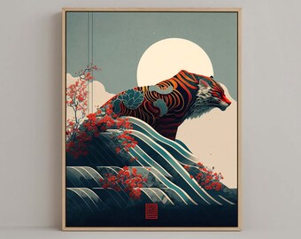 Japanese Tiger Graphic Design Wall Art #02, Modern Ukiyo-e, Beautiful Japandi Poster, Elegant Digital Print, Gift for her, Gift for him