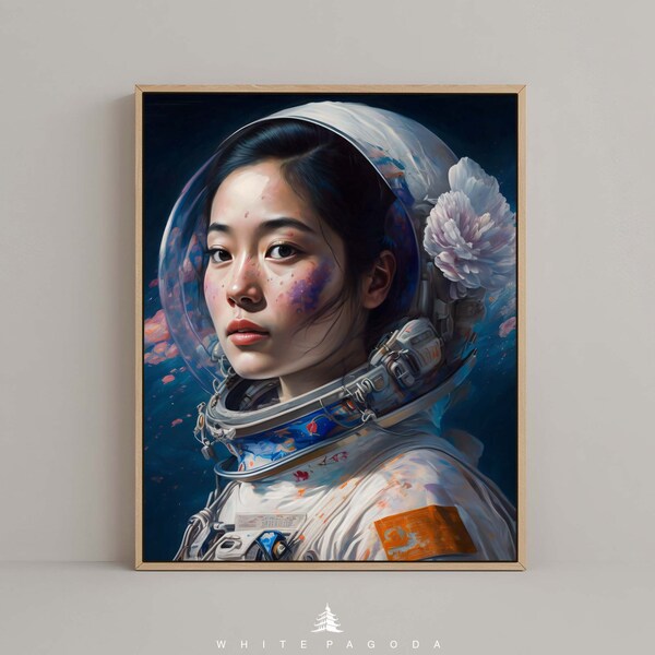 Japan Astronaut Geisha Portrait Wall Art #05, Modern Ukiyo-e poster, Beautiful Japandi Wall Art, Colorful Digital Oilpainting Print, Flowers