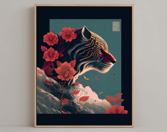 Japanese Tiger Graphic Design Wall Art #01, Modern Ukiyo-e, Belle affiche Japandi, Impression numérique élégante, Cadeau pour elle, Cadeau pour lui