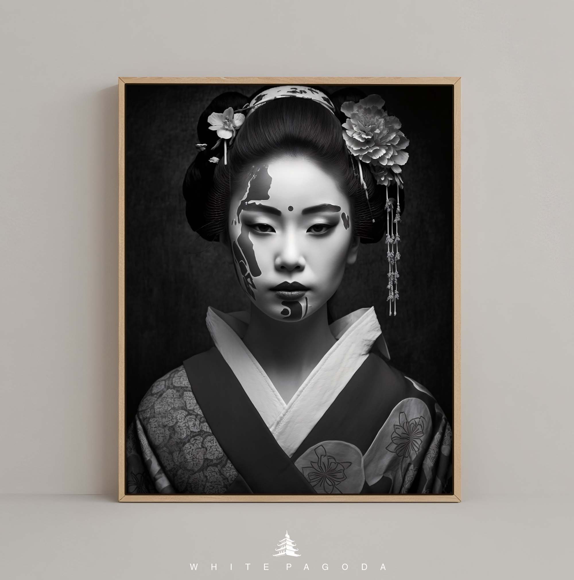 Japanese Geisha Black and White Portrait Wall Art #01, Stylish ...