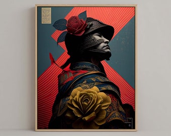 Japanese Samurai Graphic Design Portrait Wall Art #05, Modern Ukiyo-e, Beautiful Japandi Poster, Elegant Digital Print, Stylish Gift for him