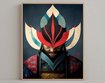 Beautiful Japanes Samurai Warrior Portrait Wall Art #02, Japandi Wall Art, Modern Ukiyo-e poster, Colorful Digital Print