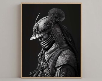Japanese Samurai Printable Wall Art #01, Black White Portrait, Japandi Bedroom Decor, Digital Download Poster, Warrior Gift for Him