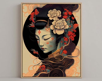 Japanese Geisha Portrait Illustration Wall Art #04, Modern Ukiyo-e, Beautiful Japandi Poster, Elegant Digital Print, Stylish Gift for her