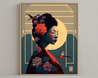 Japanese Geisha Graphic Design Portrait Wall Art #01, Modern Ukiyo-e, Beautiful Japandi Poster, Elegant Digital Print, Stylish Gift for her