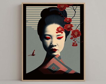 Japanese Geisha Graphic Design Portrait Wall Art #02, Modern Ukiyo-e, Beautiful Japandi Poster, Elegant Digital Print, Stylish Gift for her