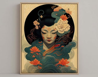 Japanese Geisha Portrait Illustration Wall Art #01, Modern Ukiyo-e, Beautiful Japandi Poster, Elegant Digital Print, Stylish Gift for her