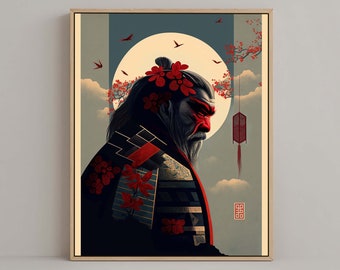 Japanese Samurai Graphic Design Portrait Wall Art #01, Modern Ukiyo-e, Beautiful Japandi Poster, Elegant Digital Print, Stylish Gift for him