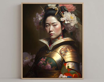 Japan Samurai Geisha Portrait Wall Art #05, Beautiful Japandi Wall Art, Modern Ukiyo-e poster,  Colorful Digital Oilpainting Print, Flowers