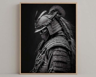 May include: A black and white photograph of a samurai warrior wearing traditional armor and a helmet. The warrior is looking down and to the side, with a serious expression on their face.