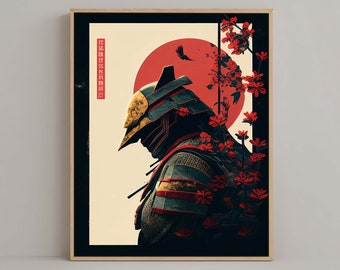 Japanese Samurai Graphic Design Portrait Wall Art #02, Ukiyo-e moderne, Belle affiche Japandi, Impression numérique élégante, Cadeau élégant pour lui