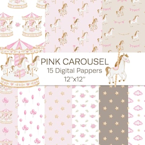 Paquet de Papper numérique carrousel rose aquarelle, motifs sans couture de cheval de carrousel, décor de pépinière