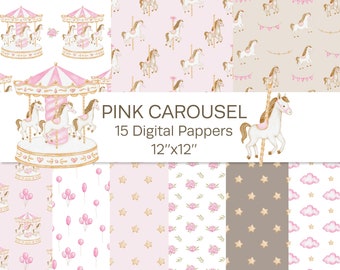 Paquet de Papper numérique carrousel rose aquarelle, motifs sans couture de cheval de carrousel, décor de pépinière
