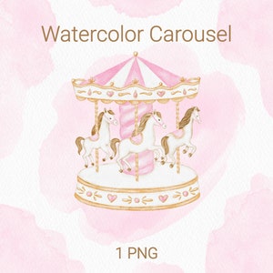 Watercolor Pink Carousel Clipart, Nursery Decor, Carousel Horse PNG, Baby Shower Clipart,