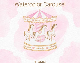 Watercolor Pink Carousel Clipart, Nursery Decor, Carousel Horse PNG, Baby Shower Clipart,