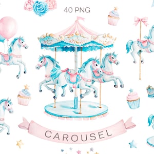 Watercolor Blue Carousel Clipart, Carousel Horse PNG, Nursery Decor, Baby Shower Clipart