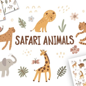 Süße Safari Tiere Clipart, Kinderzimmer Dekor für Jungen und Mädchen, Digitale Alphabet und Afrika Landkarte Poster, Dschungel Tiere Druck SVG, PNG