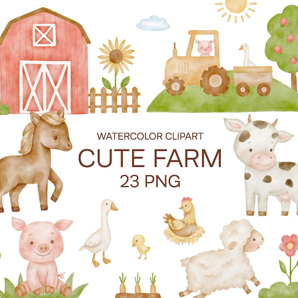 Baby Farm Animals Watercolor Clipart, Nursery Decor, Baby Wall Art, Farm Decoration, Pig, Cow, Horse, Sheep