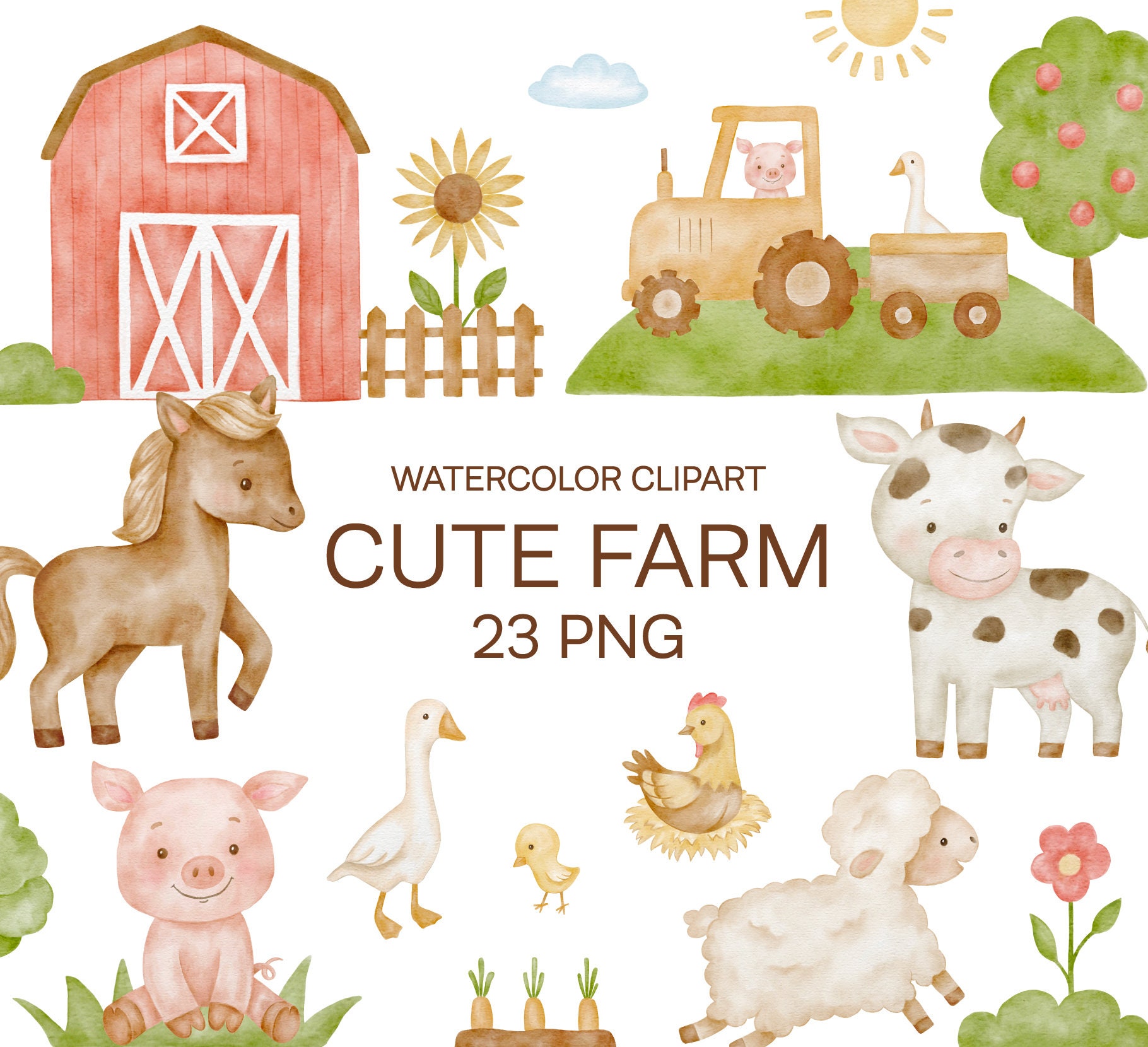 Baby Farm Animals Watercolor Clipart, Nursery Decor, Baby Wall Art, Farm Decoration, Pig, Cow, Horse, Sheep
