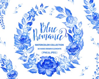 Blue Watercolor Digital Flowers Clipart. Floral Arrangements & Wreaths. Watercolor Seamless Pattern. PNG Clip Art.