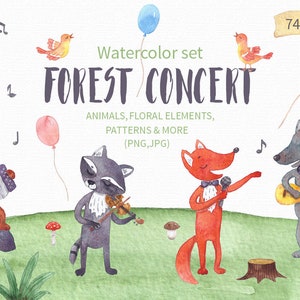 Animali del bosco ad acquerello con clipart di strumenti musicali, decorazioni per la scuola materna per ragazzi e ragazze, arte della parete per bambini, illustrazione floreale PNG