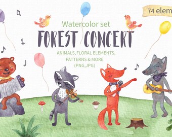 Watercolor Woodland Animals with Musical Instruments Clipart, Nursery Decor for Boys and Girls, Baby Wall Art, Floral Illustration PNG