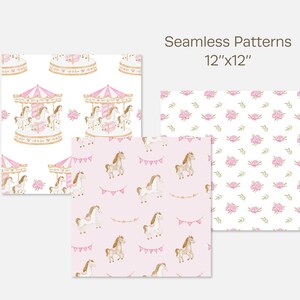Pink Carousel Pattern Watercolor Pink Carousel Digital Papper Pack, Carousel Horse Seamless ...