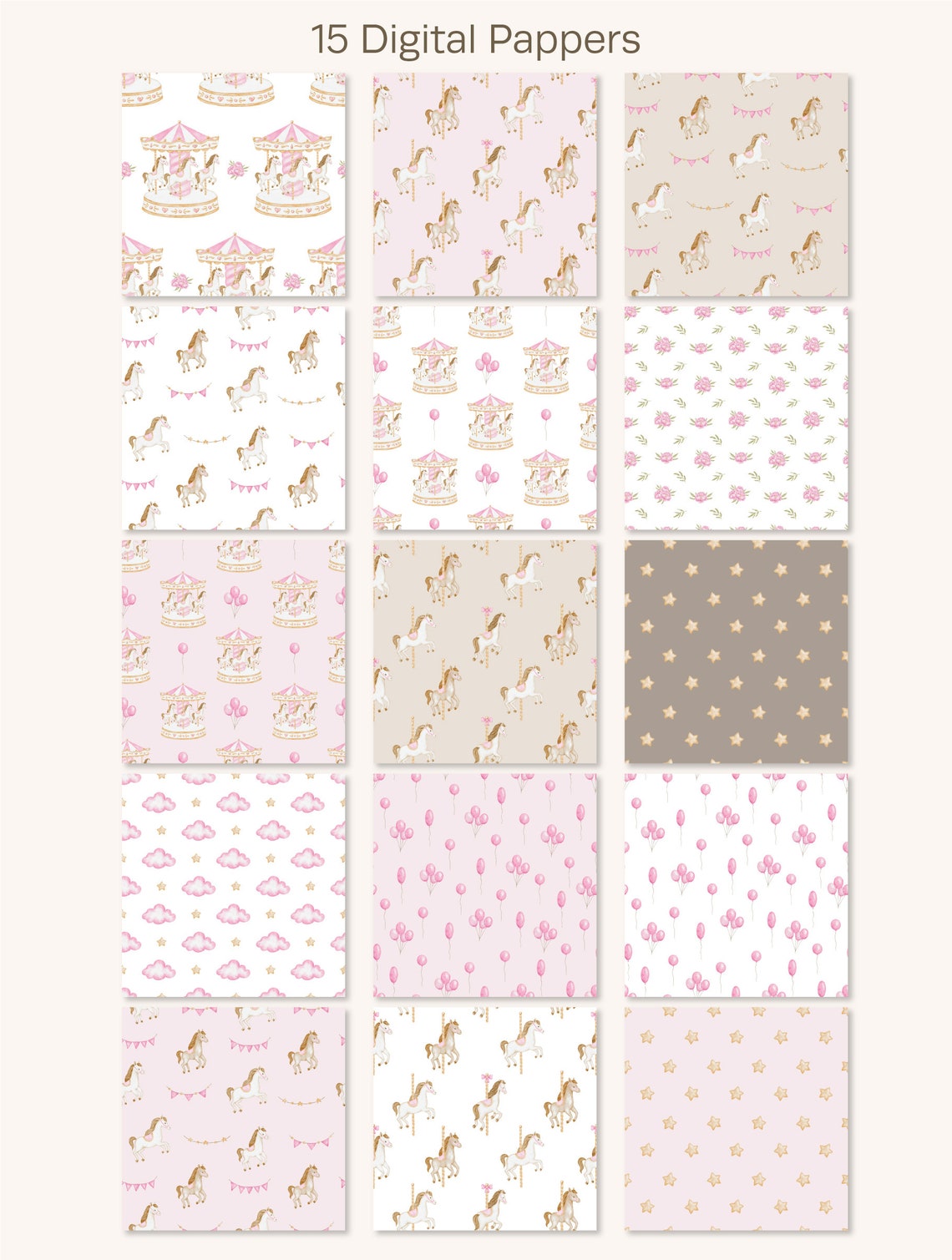 Pink Carousel Pattern Watercolor Pink Carousel Digital Papper Pack, Carousel Horse Seamless ...