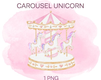 Clipart de licorne de carrousel d'aquarelle, carrousel rose PNG, clipart de douche de bébé, décor de pépinière