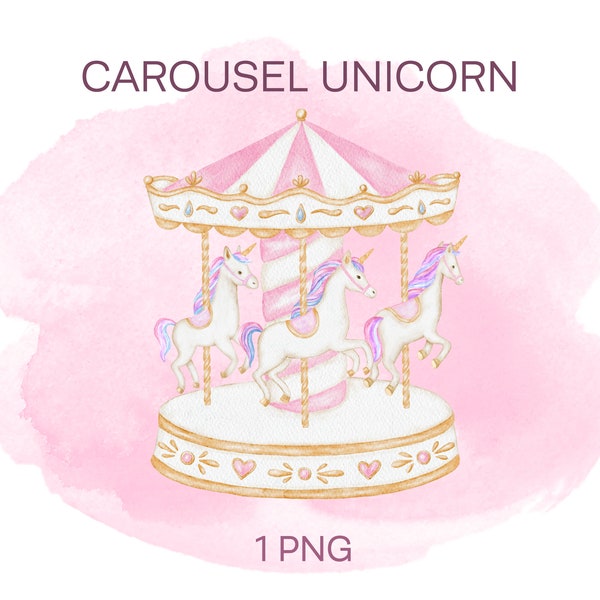 Watercolor Carousel Unicorn Clipart, Pink Carousel PNG, Baby Shower Clipart, Nursery Decor