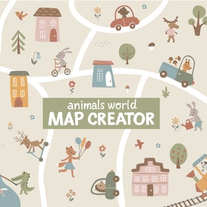 Cute Baby Animals City Map Creator Clipart, Transport and Houses Clipart, per ragazzo e ragazza, modelli senza cuciture, Nursery clipart. Stampe per bambini