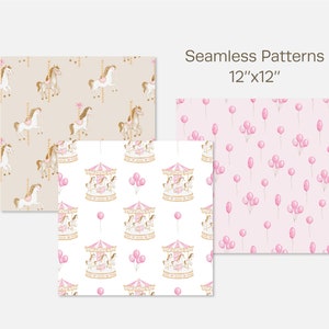 Pink Carousel Pattern Watercolor Pink Carousel Digital Papper Pack, Carousel Horse Seamless ...