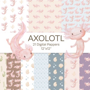 Watercolor Axolotl Digital Papper Pack, Nursery Decor for Boys and Girls, Cute Animals Seamless Patterns